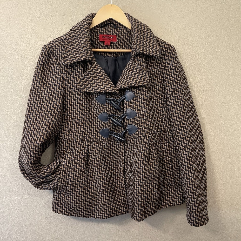 Coffee Shop Tweed Pea Coat Pattern Brown Black Swing A Line Retro Style Y2K SzXL